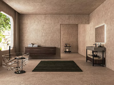 Modern Minimalist Industrial Bathroom With Textured Walls Wooden Vanity Glass Chair Green Rug And Mirror 3d model
