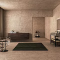 Modern Minimalist Industrial Bathroom With Textured Walls Wooden Vanity Glass Chair Green Rug And Mirror