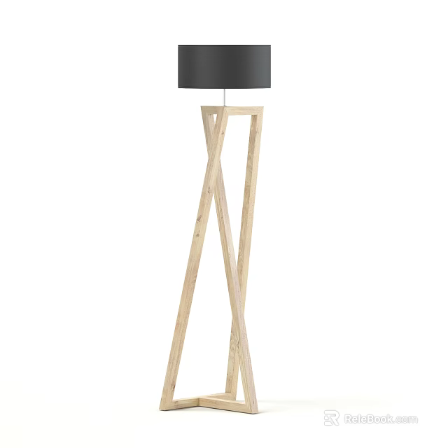 Modern Wooden Floor Lamp With Crossed Frame And Black Shade 3d model 
