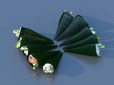 Cone Shaped Nori Wrapped Sushi Rolls With Fresh Vegetables And Meat Filling 3d model