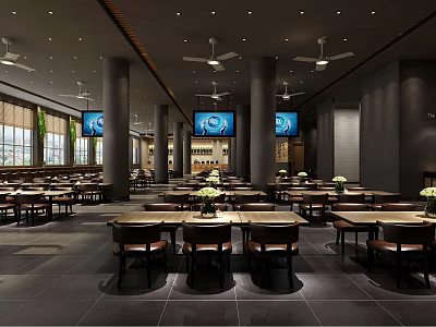 Spacious Modern Restaurant Dining Area With Tables Chairs Ceiling Fans And TV Screens 3d model