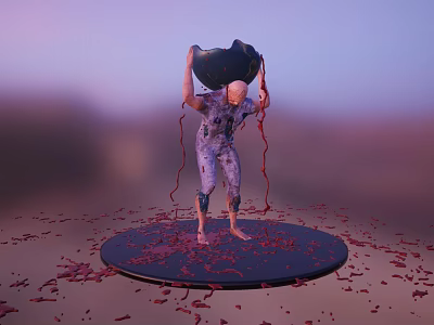 Humanoid Character Lifting Black Creature With Red Organic Debris On Circular Platform 3d model