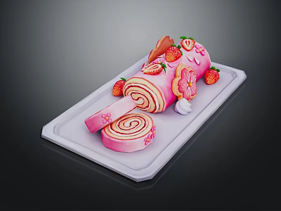 Pink Swiss Roll Cake with Strawberries and Flower Decorations on White Tray Showing Swirled Interior 3d model