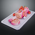 Pink Swiss Roll Cake with Strawberries and Flower Decorations on White Tray Showing Swirled Interior