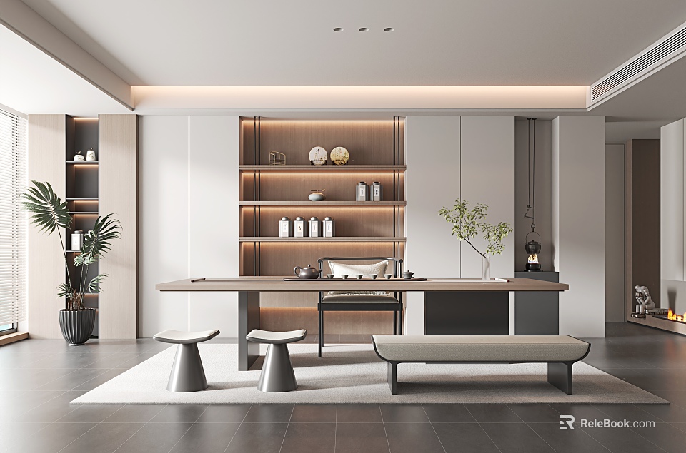 Modern Tea Room Design With Wooden Shelves Tea Sets Long Table Stools And Green Plants 3d model 