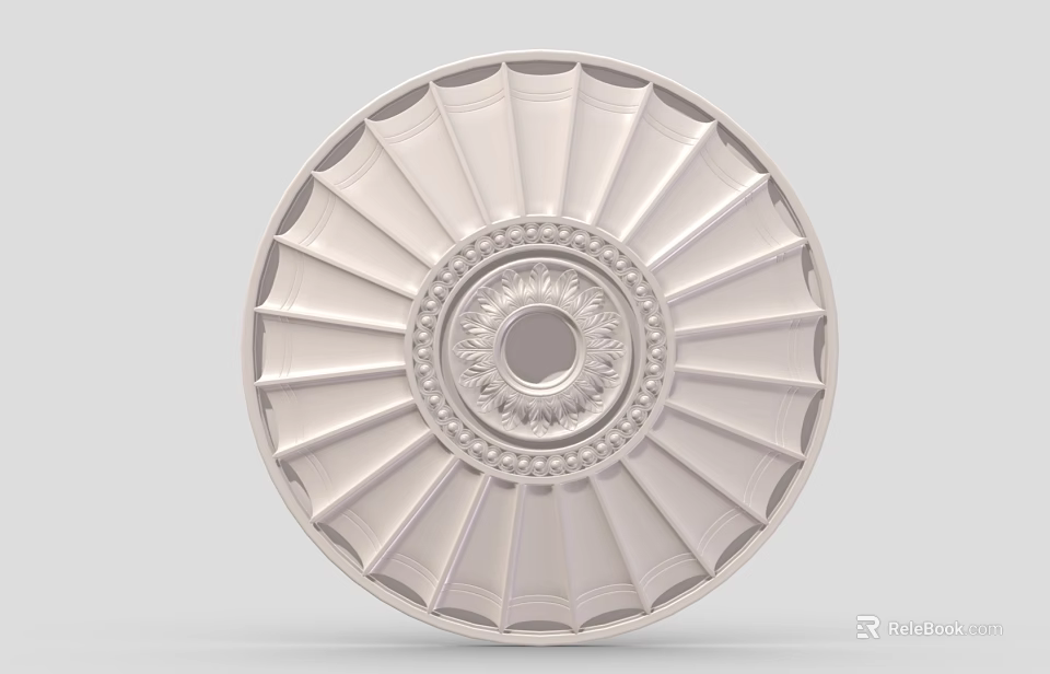 Ornate Circular Ceiling Medallion With Radial Patterns And Central Floral Design 3d model 
