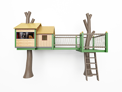 Modern Amusement Equipment Children's Wooden House Ladder Railing Fence 3d model