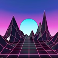 Cartoon Scene With Neon Geometric Mountains Gradient Sky Blue Sun And Grid Floor
