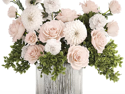 Elegant Textured Silver Vase With Pink White Flowers And Green Leaves 3d model