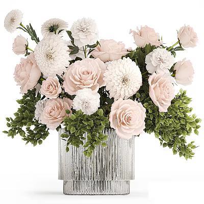 Elegant Textured Silver Vase With Pink White Flowers And Green Leaves 3d model