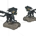 Black Dragon Decorative Figurine Set with Yellow Horns Wings and Stone Bases