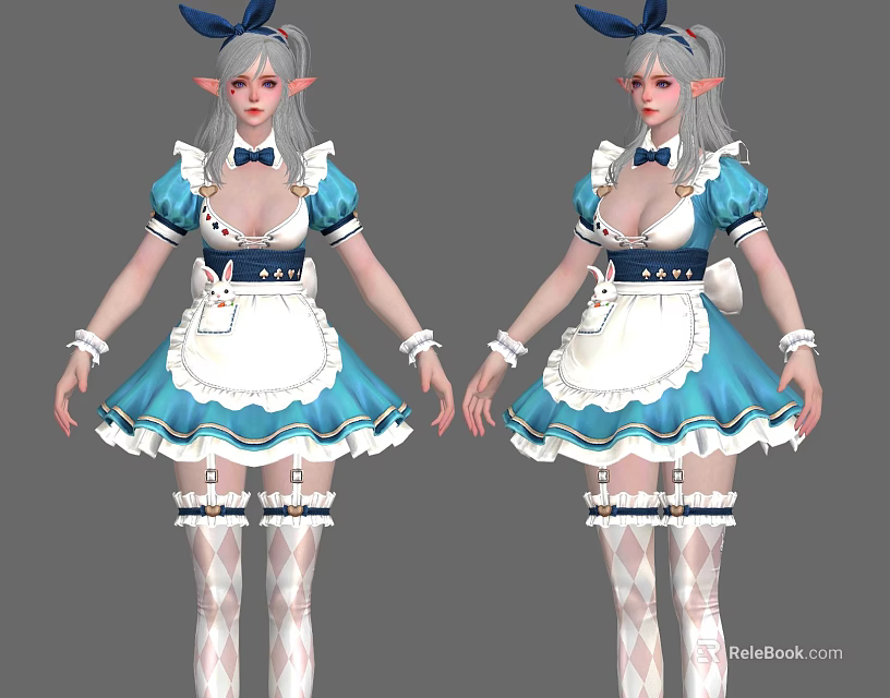 Cute Anime Character With Bunny Ears In Blue And White Maid Outfit With Stockings 3d model 
