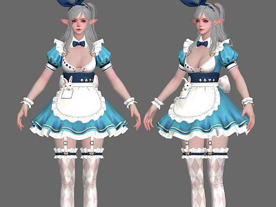 Cute Anime Character With Bunny Ears In Blue And White Maid Outfit With Stockings 3d model