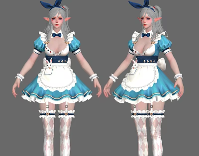 Cute Anime Character With Bunny Ears In Blue And White Maid Outfit With Stockings 3d model