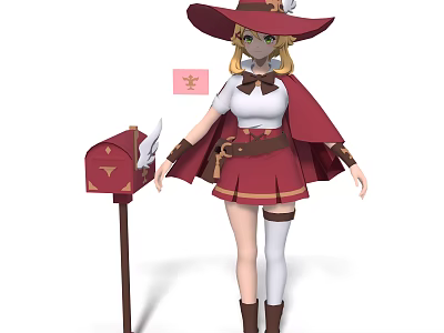 Green Eyed Game Movie Character With Red Cape Hat Skirt And Mailbox 3d model