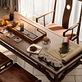 Chinese Style Wooden Tea Table with Matching Chairs and Tea Set in Bright Indoor Setting