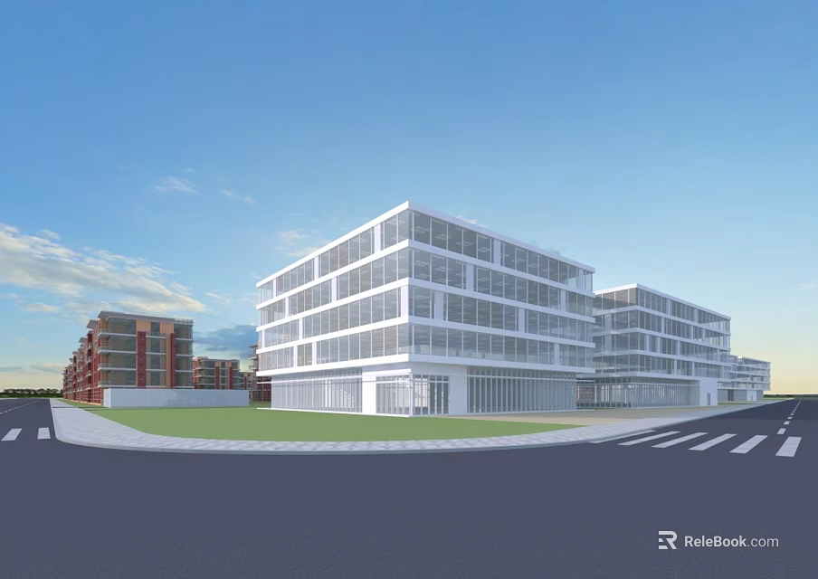 Modern Multi Storey Residential Building With Glass Curtain Walls White Exterior And Green Lawn Area 3d model 