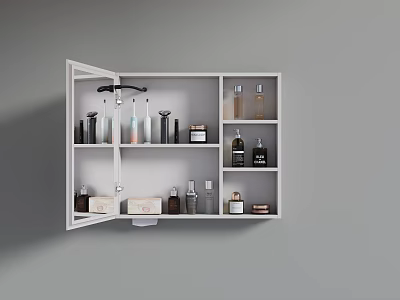 Wall Mounted Bathroom Mirror Cabinet with Open Storage Shelves and Toiletries 3d model