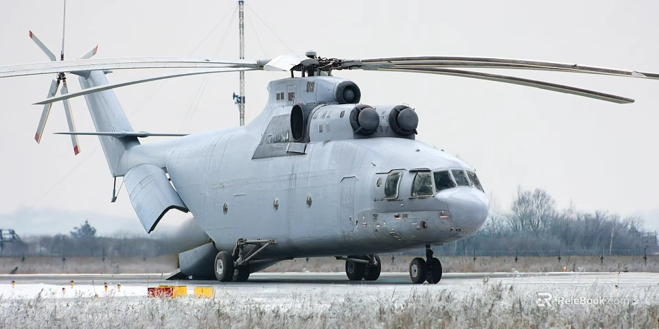 Heavy Lift Helicopter With Dual Rotors Parked On Snowy Runway 3d model 