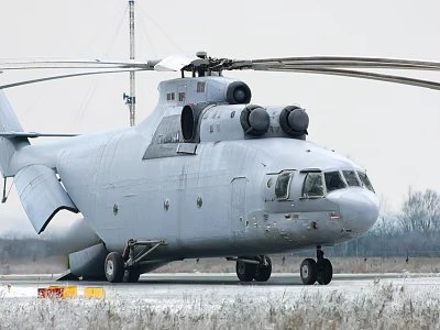 Heavy Lift Helicopter With Dual Rotors Parked On Snowy Runway 3d model