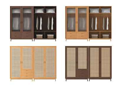 Various Wooden Wardrobe Styles With Glass Rattan Doors Storage Drawers And Hanging Space 3d model