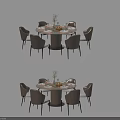 Modern Round Dining Table Set With Upholstered Chairs And Decorative Vase Tableware 3d model