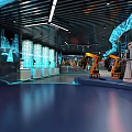 Modern Tech Exhibition Hall With Robots Car Models Blue Lighting And Glass Railings