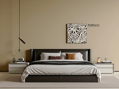 Double Bed with Dark Headboard White Bedding Nightstands and Abstract Wall Art 3d model