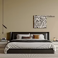 Double Bed with Dark Headboard White Bedding Nightstands and Abstract Wall Art