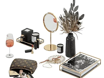 Elegant Perfume Cosmetics Collection With Makeup Products Vanity Mirror And Decorative Items 3d model
