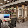 Modern Public Office Space Featuring Long Table Purple Flowers Black Office Chairs Bookshelves Green Plants