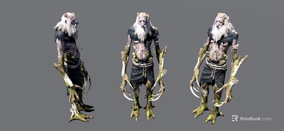 Mythical Fantasy Game Character With White Hair Green Moss Claws And Root Like Legs 3d model 