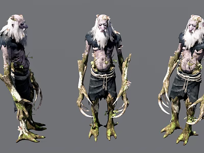 Mythical Fantasy Game Character With White Hair Green Moss Claws And Root Like Legs 3d model