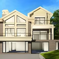 Two Story Detached House Exterior With Brick Siding Large Windows Chimney And Trees