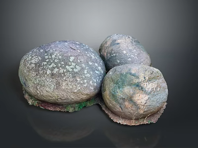 Three Natural Decorative Stones with Wooden Base and Moss Covered Surface for Home Decor Accents 3d model
