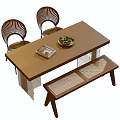 Rectangular Wooden Dining Table Set With Two Woven Backrest Chairs Bench Plate With Greens 3d model