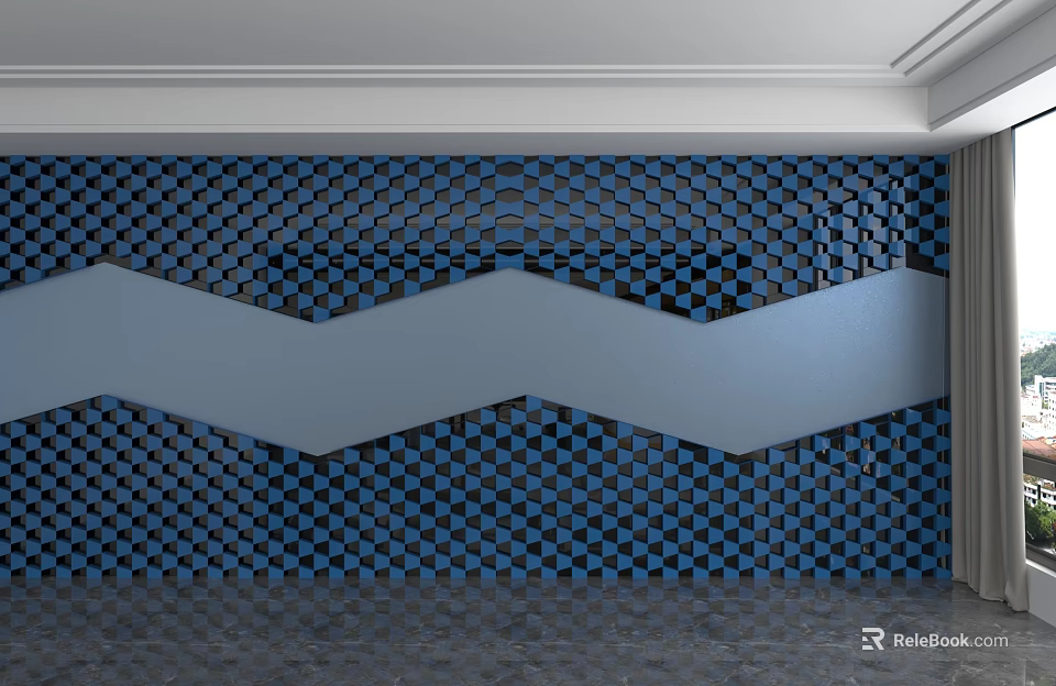 Modern Blue Background Wall With Geometric Checkerboard Pattern And Wavy Design 3d model