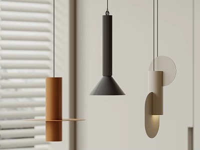 Modern Minimalist Interior Featuring Cylindrical Conical Circular Brown Gray Beige Pendant Lights 3d model