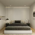 Bedroom Interior with Light Colored Wall and Spiral Painting Vertical Blinds Window Allowing Natural Light