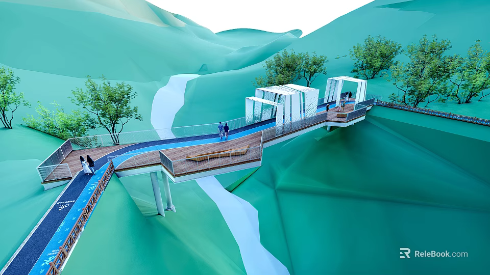 Modern Landscape Bridge Over Winding River Among Green Hills With Trees And Walkers 3d model 