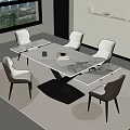 Modern Dining Set Featuring Marble Top White Chairs And Gray Accents On Area Rug