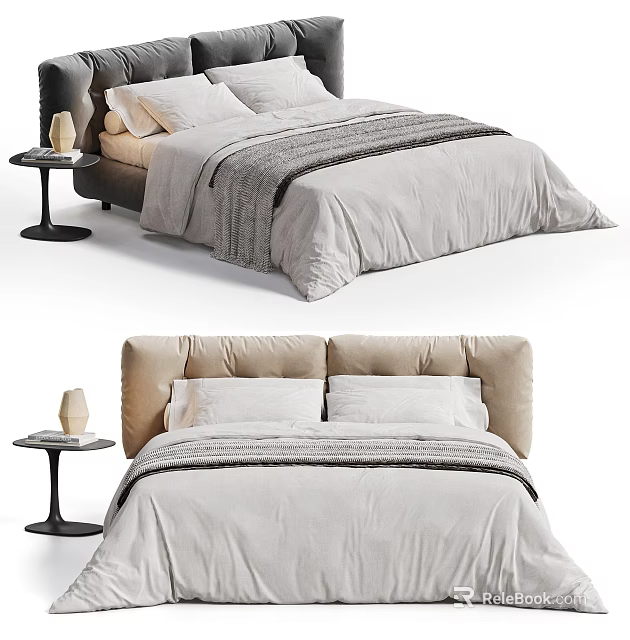 Modern Double Bed With Beige Upholstered Headboard Light Gray Bedding Side Table And Cozy Blanket 3d model