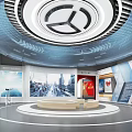Modern Exhibition Hall With Circular Platform Digital Screens And City Backdrop Graphics
