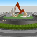 Red Abstract Sculpture Featuring Curved Flowing Shapes in Circular Garden Bed with Trees and Bamboo
