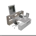 Modern Office Desk With Ergonomic Chairs Computer Monitor Storage Shelves And Wall Art