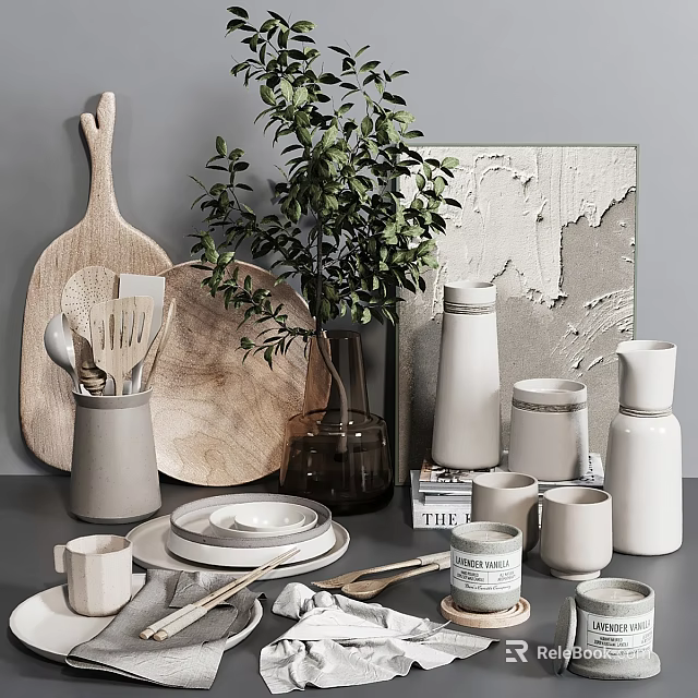 Decorative Ornament Set With Wooden Cutting Board Green Plant Vase Ceramic Mugs Plates And Books 3d model 