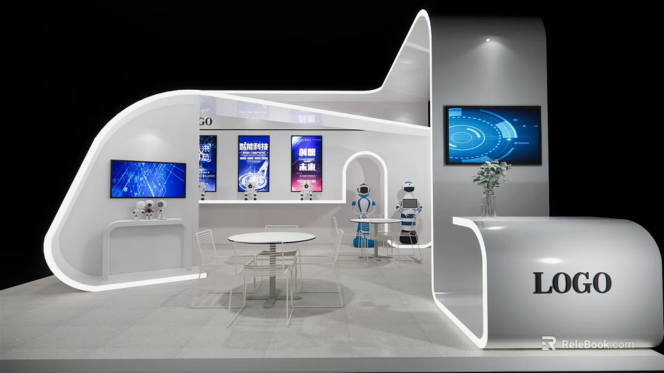 Modern Exhibition Booth Design With White Curved Structure Screens Robot And Round Table 3d model 