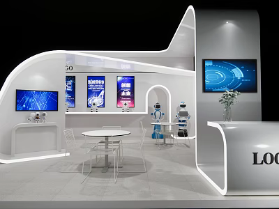 Modern Exhibition Booth Design With White Curved Structure Screens Robot And Round Table 3d model