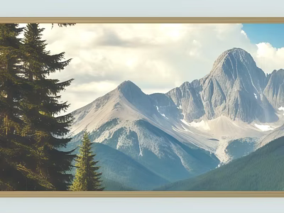 Beautiful Landscape Painting Featuring Pine Trees Majestic Mountains Blue Sky And White Clouds 3d model