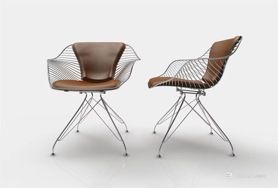 Modern Leisure Chairs With Brown Leather Seats And Silver Metal Wireframe Design 3d model 